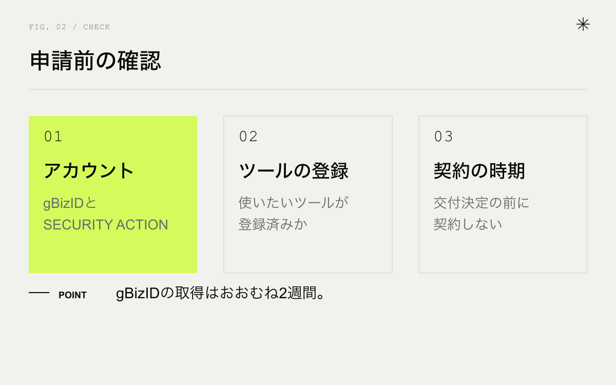 申請前に確かめること。アカウント、ツールの登録、契約の時期