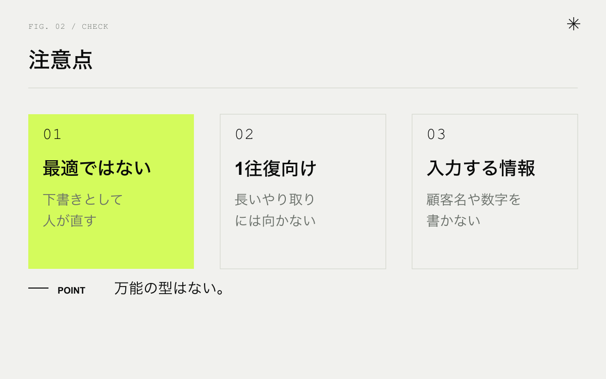 メタプロンプトの注意点。最適とは限らない、1往復向け、入力する情報
