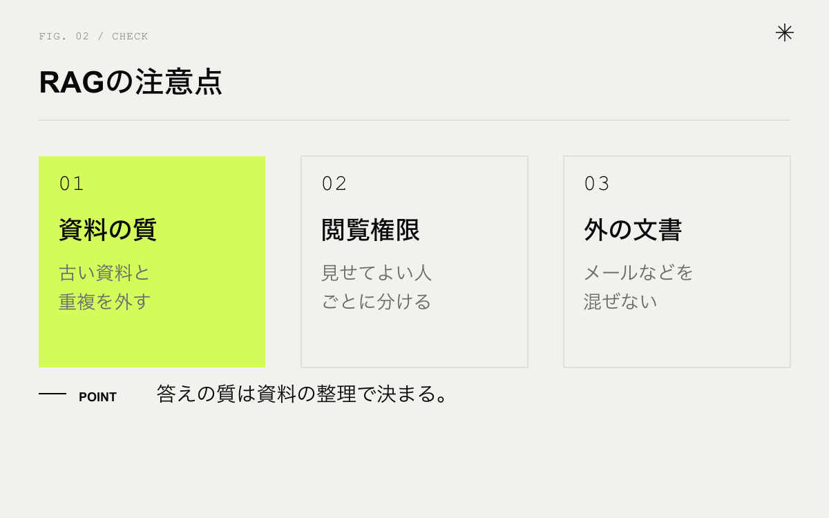 RAGの注意点3つ。古い資料を外す、見せる人を分ける、外の文書を混ぜない