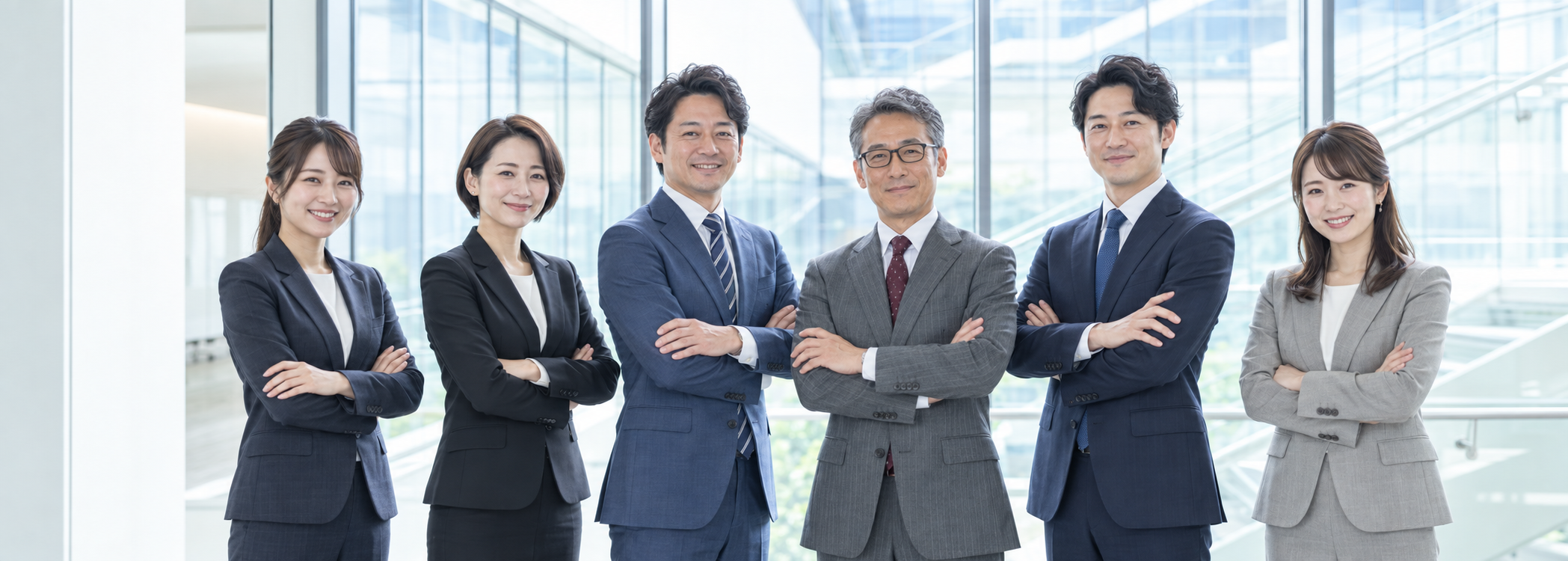 明るいオフィスに並ぶスーツ姿のビジネスチームのイメージ